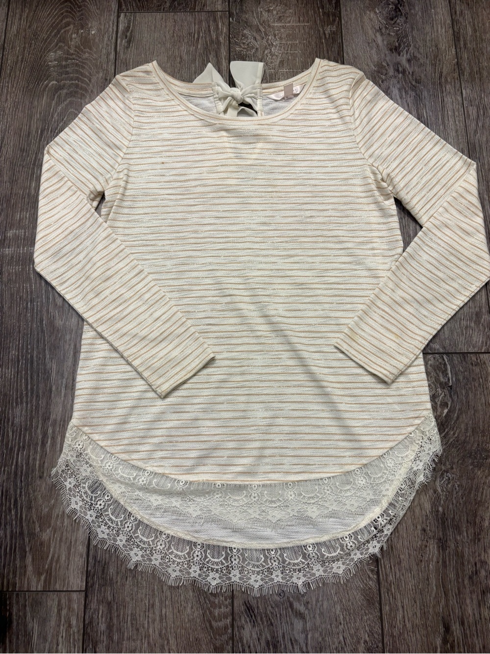 Lauren Conrad Striped Lace-Hem Long Sleeve Top with Back Bow Detail- Size XS